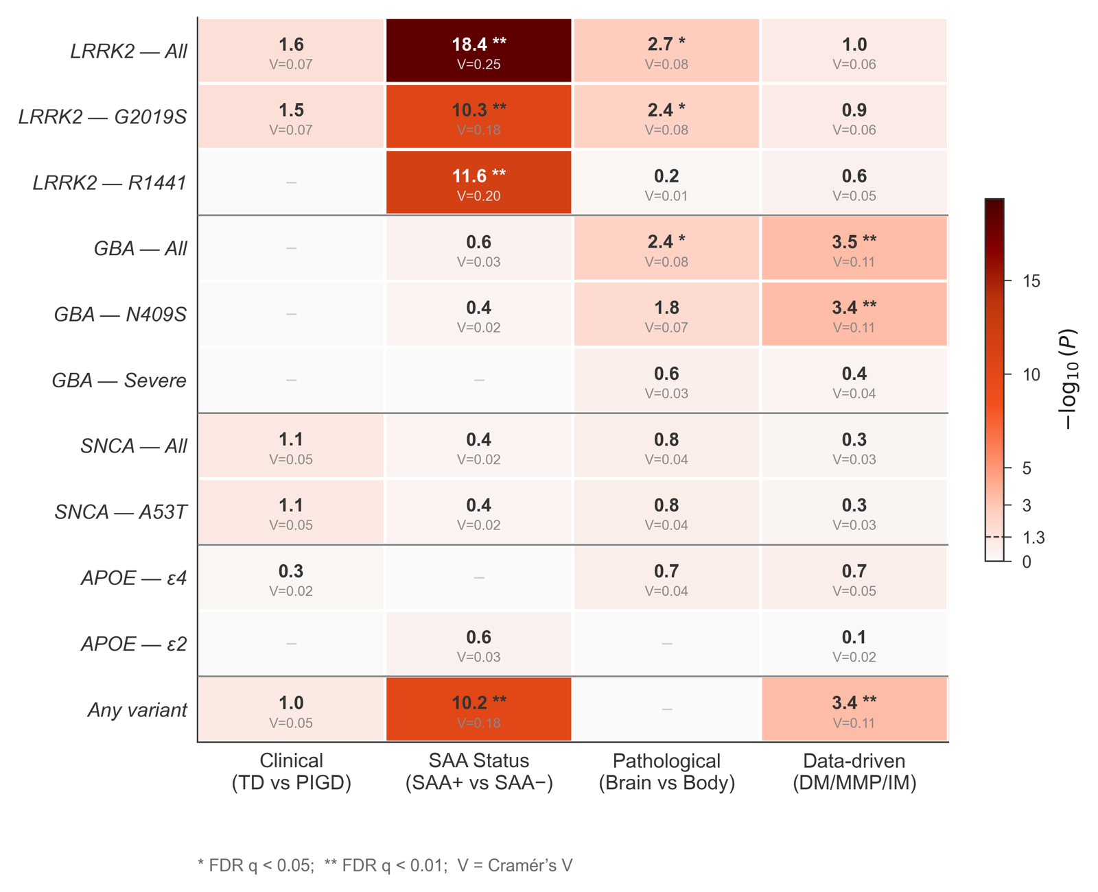 Heatmap of -log10 P for gene-variant associations across clinical, SAA-status, pathological, and data-driven subtyping schemes; LRRK2 x SAA and GBA x data-driven cells are strongest.